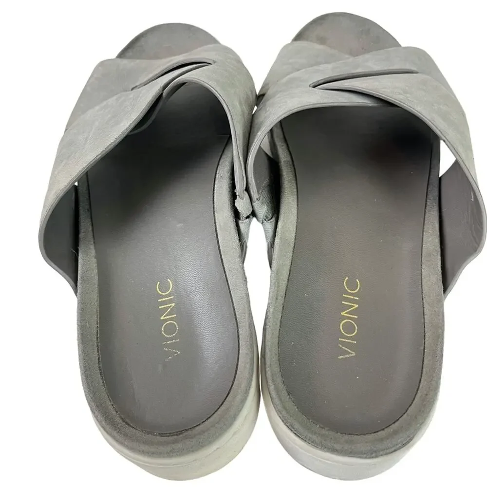 Vionic Lou Gray Wide Criss Cross Strap Slides Genuine Leather Platform Sandals 9